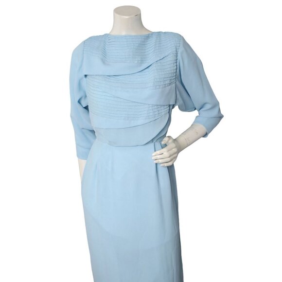 VTG  Handmade Light Blue Maxi Gown Dress Pleated Layered Bodice Billow Sleeve - Picture 7 of 16